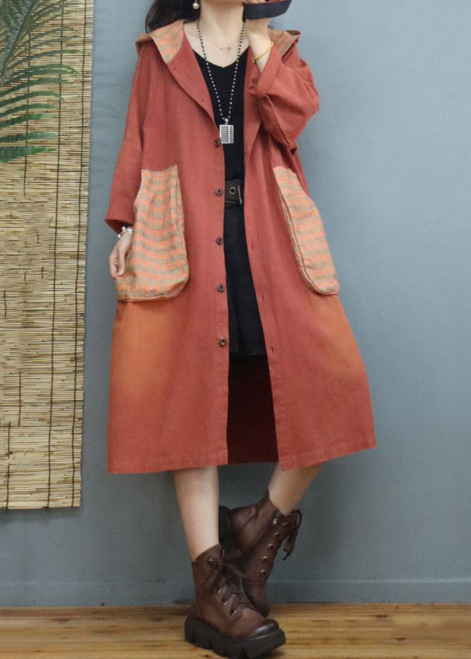 Women Orange Hooded Pockets Patchwork Cotton Coats Fall