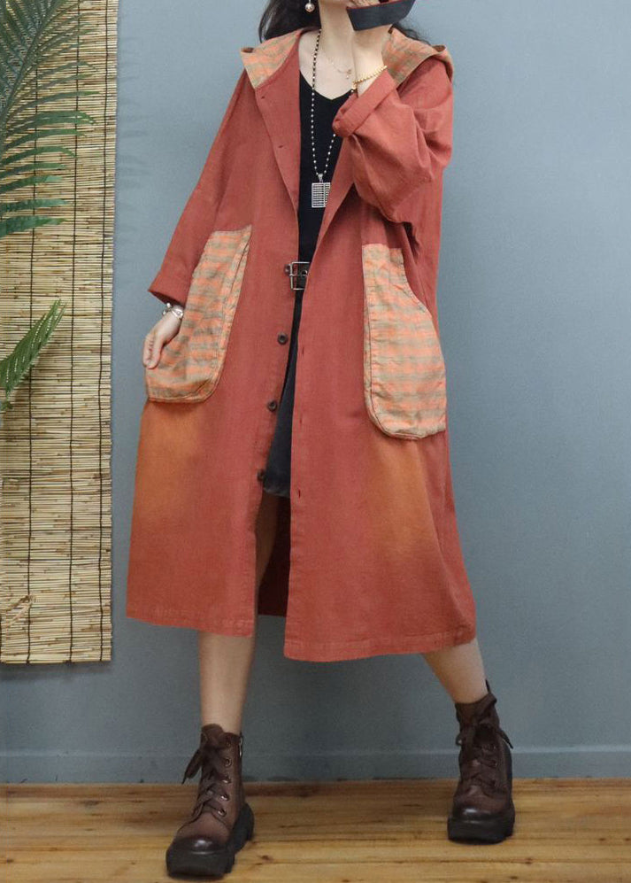 Women Orange Hooded Pockets Patchwork Cotton Coats Fall