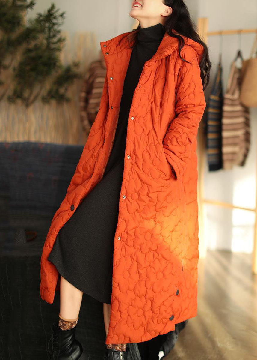 Women Orange Hooded Solid Color Fine Cotton Filled Puffers Jackets Winter