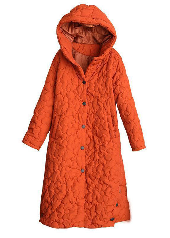 Women Orange Hooded Solid Color Fine Cotton Filled Puffers Jackets Winter