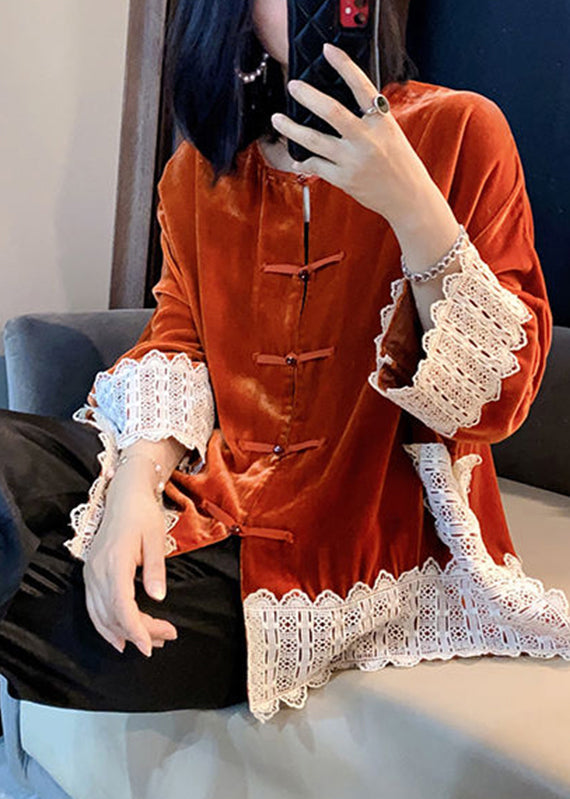 Women Orange Lace Patchwork Silk Velour Coats Long Sleeve