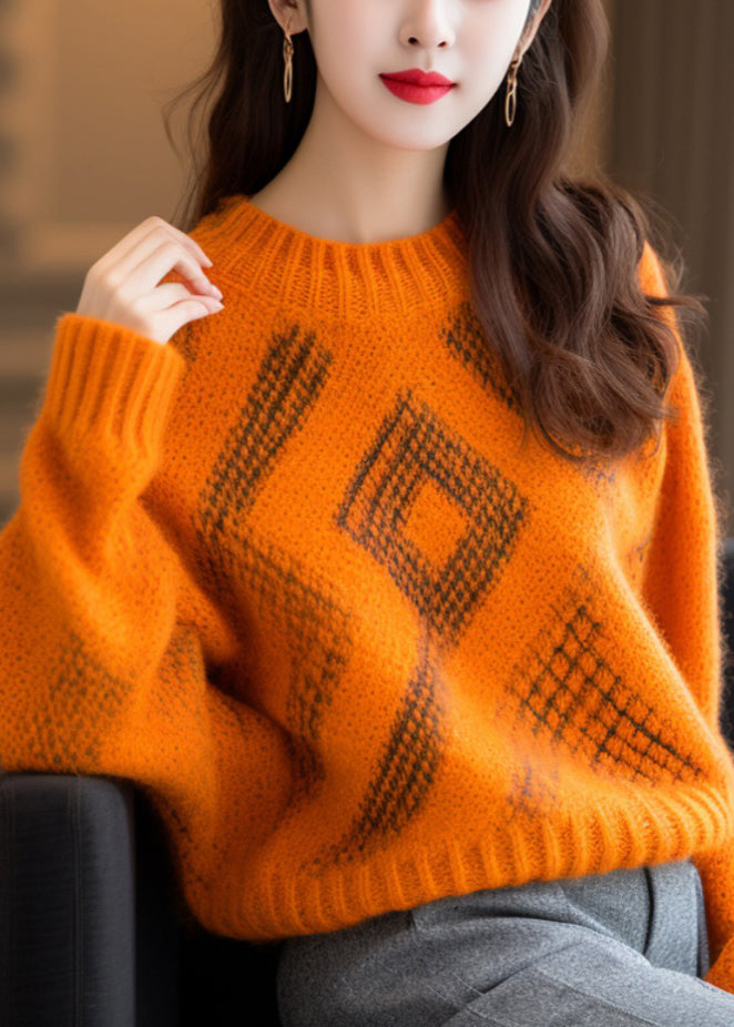 Women Orange O Neck Cozy Thick Cotton Knit Sweaters Long Sleeve