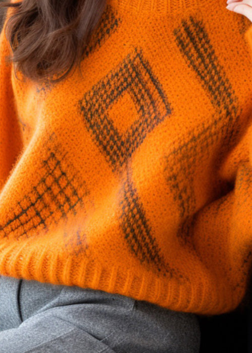 Women Orange O Neck Cozy Thick Cotton Knit Sweaters Long Sleeve