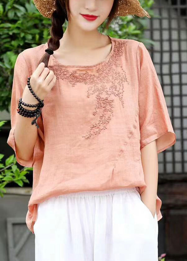 Women Orange O-Neck Embroideried Linen Shirt Top Short Sleeve