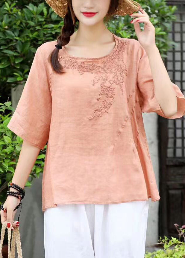 Women Orange O-Neck Embroideried Linen Shirt Top Short Sleeve