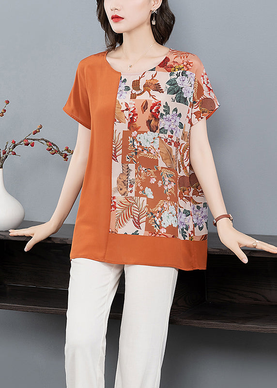 Women Orange O Neck Print Patchwork Silk T Shirt Tops Summer