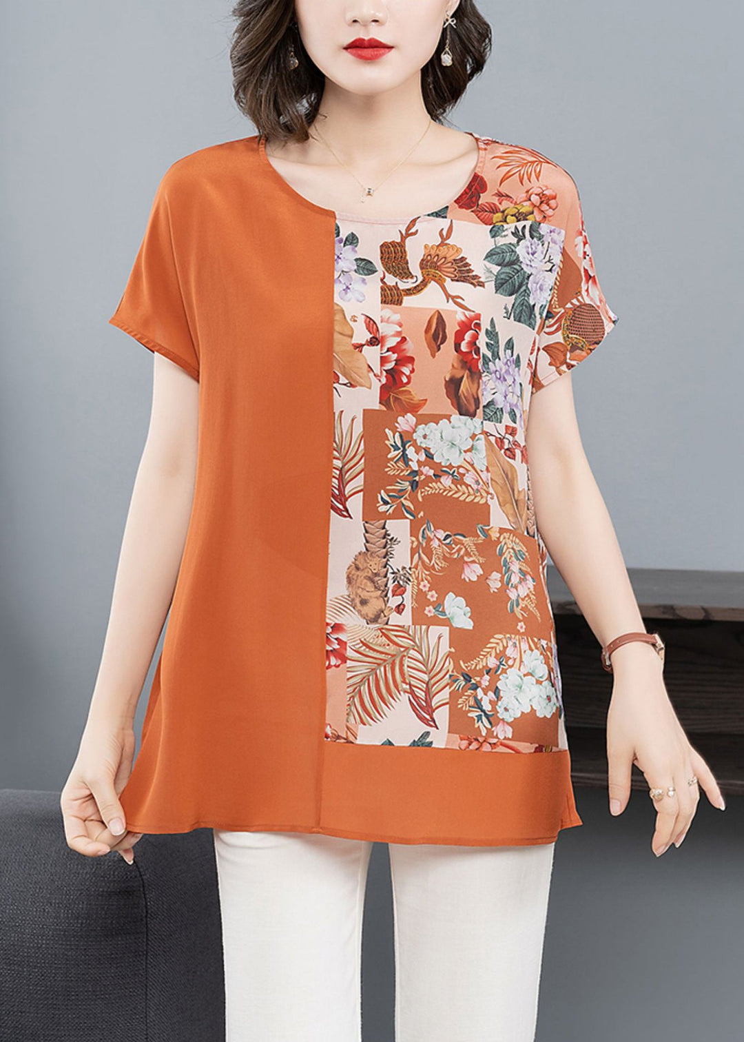 Women Orange O Neck Print Patchwork Silk T Shirt Tops Summer