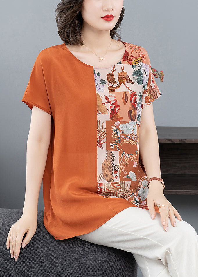 Women Orange O Neck Print Patchwork Silk T Shirt Tops Summer