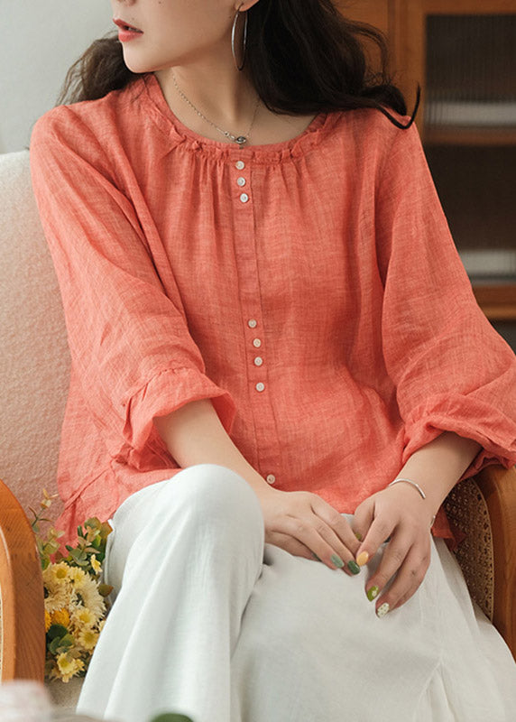 Women Orange O-Neck Ruffled Linen Tops Long Sleeve