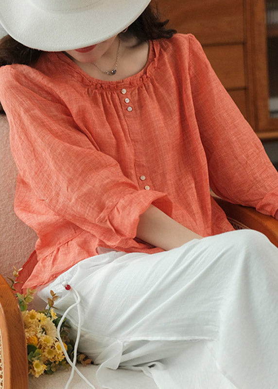 Women Orange O-Neck Ruffled Linen Tops Long Sleeve