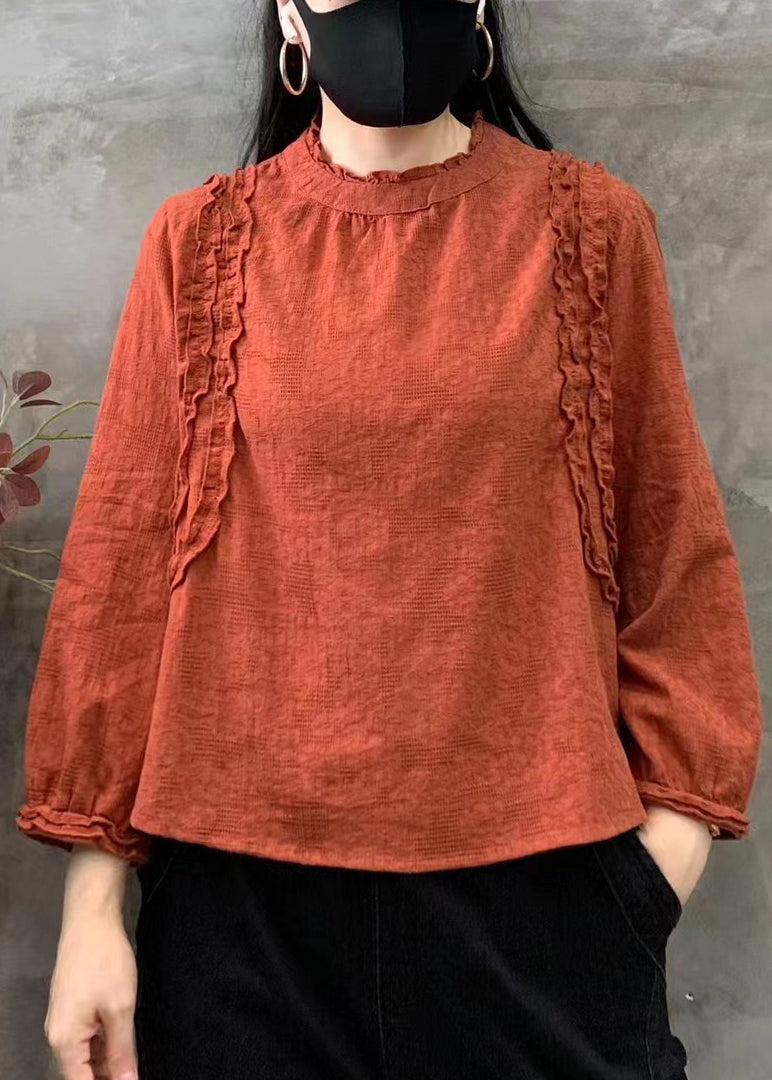 Women Orange O-Neck Ruffled Patchwork Cotton Tops Fall