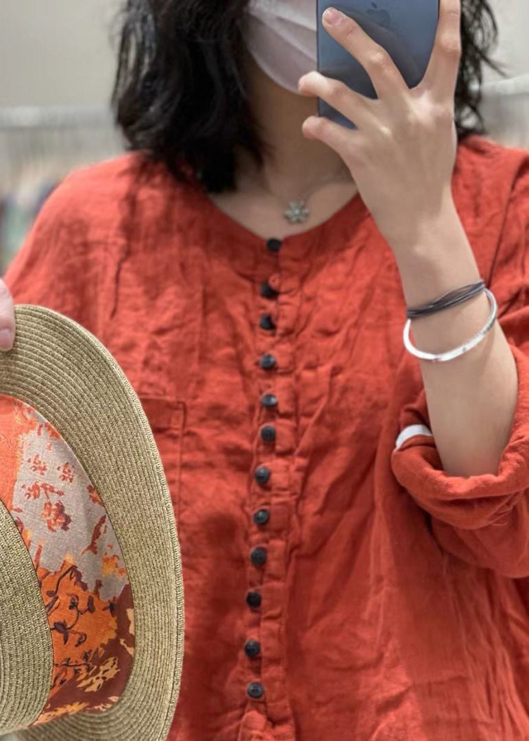 Women Orange Solid Button Pockets Cotton Top Spring