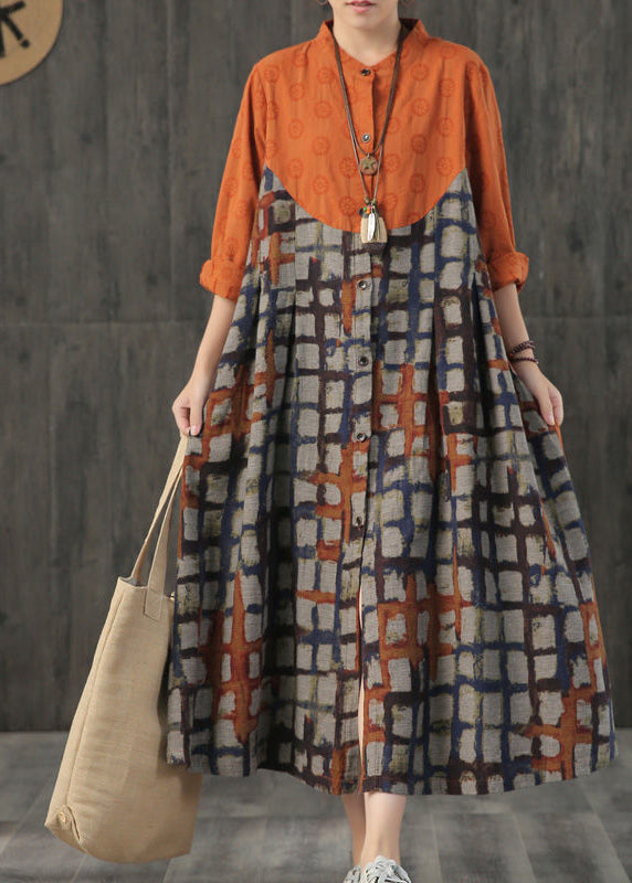 Women Orange Stand Collar Plaid Cotton Long Dress Spring