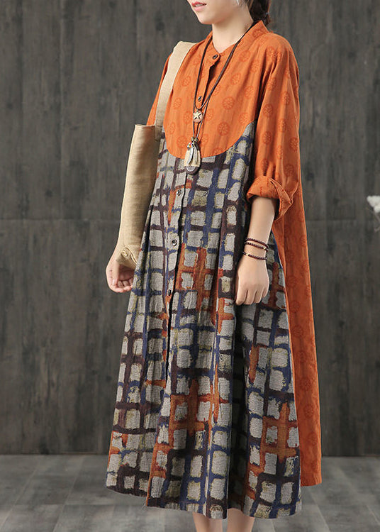 Women Orange Stand Collar Plaid Cotton Long Dress Spring