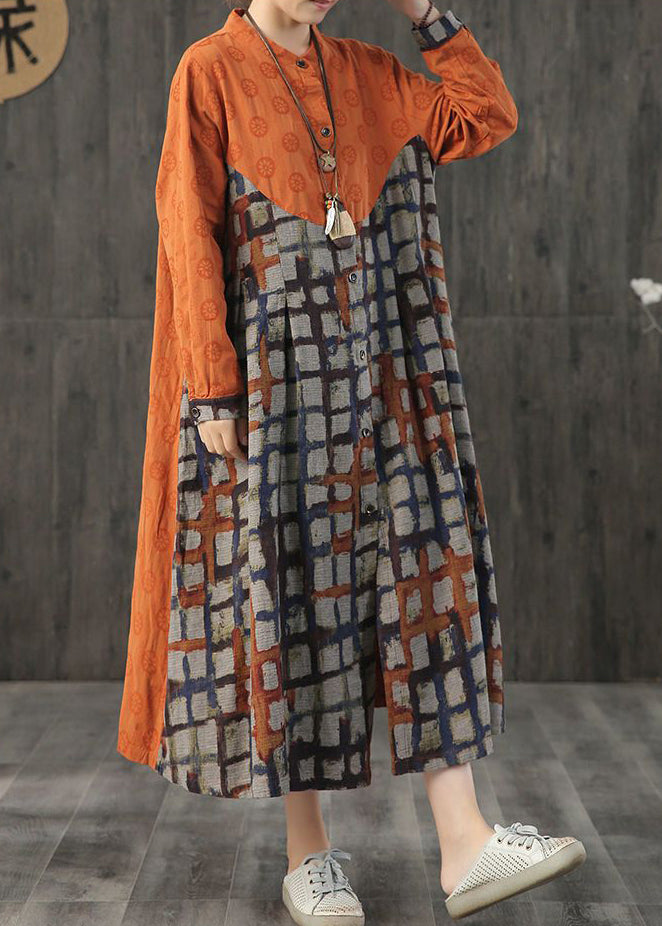 Women Orange Stand Collar Plaid Cotton Long Dress Spring