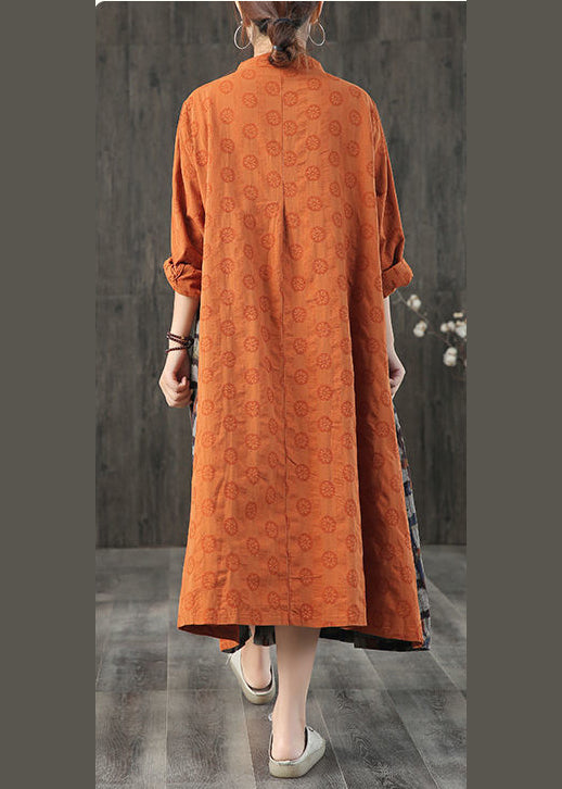 Women Orange Stand Collar Plaid Cotton Long Dress Spring