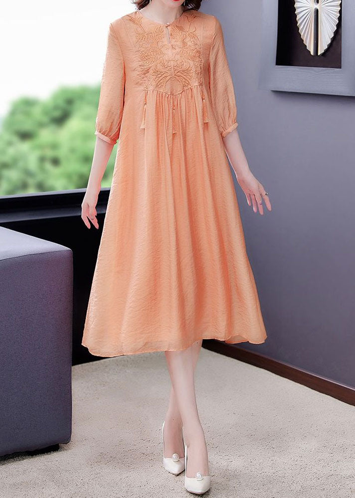 Women Orange Tasseled Embroideried Patchwork Silk Dress Half Sleeve