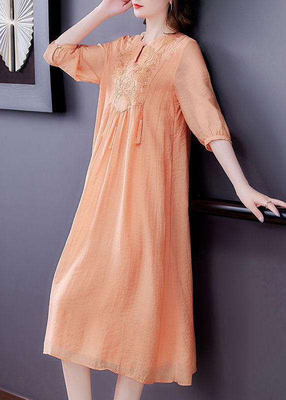 Women Orange Tasseled Embroideried Patchwork Silk Dress Half Sleeve