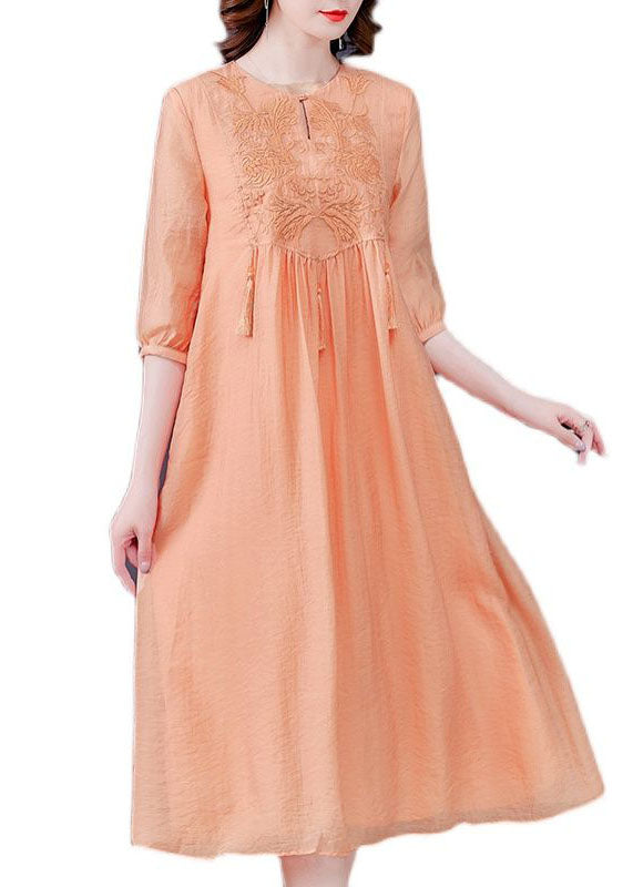 Women Orange Tasseled Embroideried Patchwork Silk Dress Half Sleeve