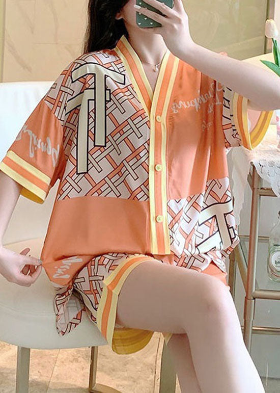 Women Orange V Neck Patchwork Print Ice Silk Pajamas Two Piece Set Summer