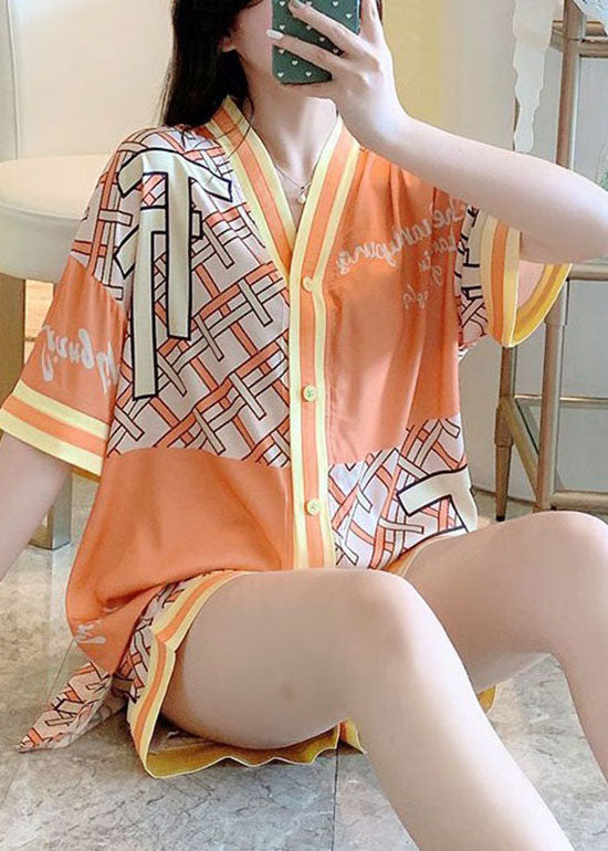 Women Orange V Neck Patchwork Print Ice Silk Pajamas Two Piece Set Summer