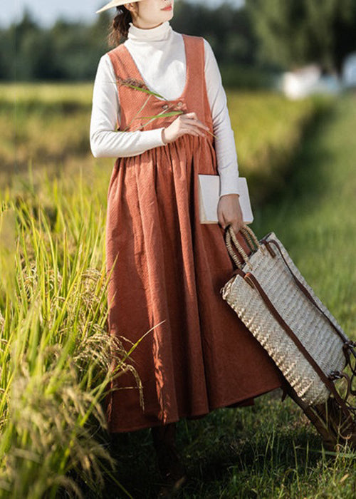 Women Orange Wrinkled Pockets Corduroy Vest Dresses Sleeveless