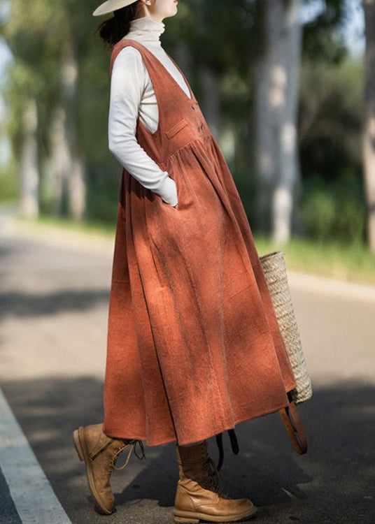 Women Orange Wrinkled Pockets Corduroy Vest Dresses Sleeveless