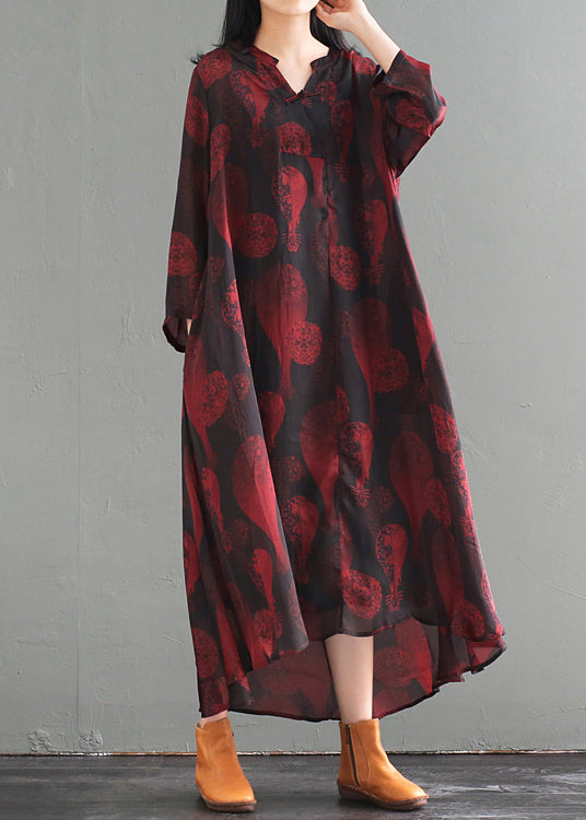 Women Oversized Chinese Button Print Silk Long Dress Fall