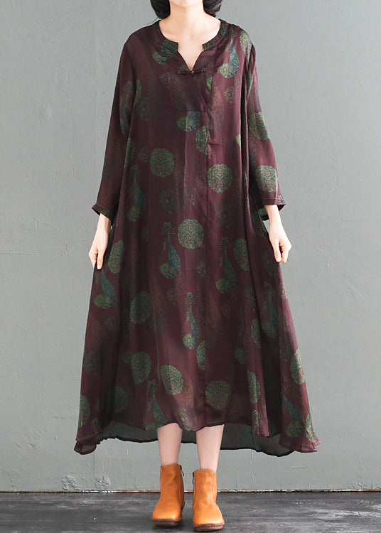 Women Oversized Chinese Button Print Silk Long Dress Fall