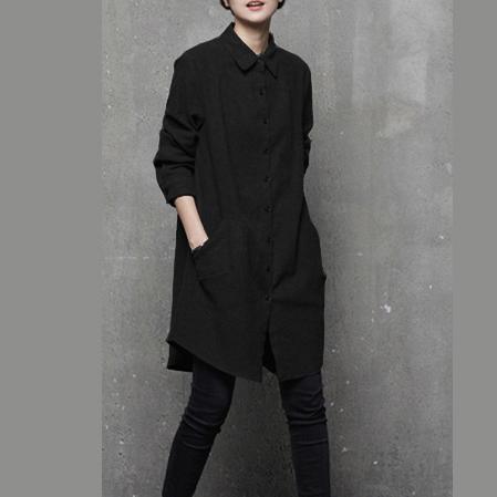 Women POLO collar cotton fall tunic pattern Sleeve black blouse - Omychic