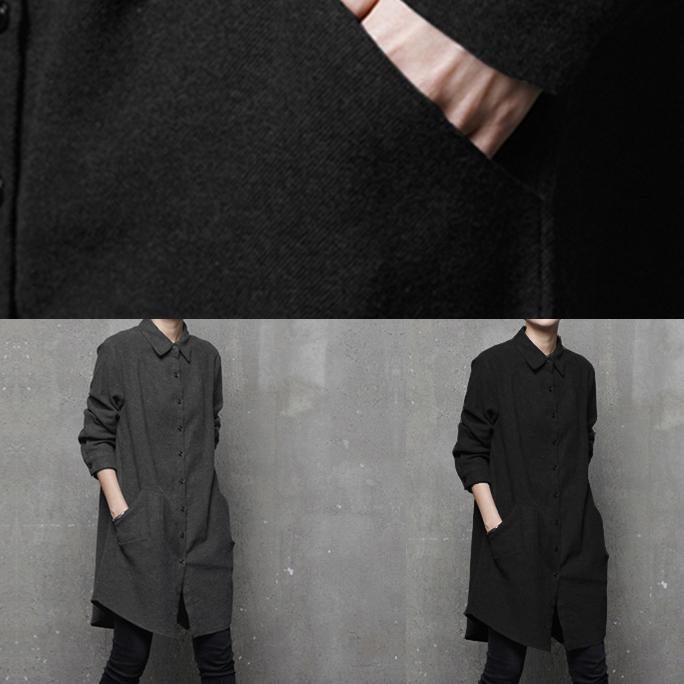 Women POLO collar cotton fall tunic pattern Sleeve black blouse - Omychic
