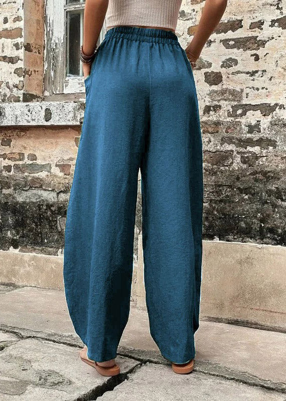 Women Peacock Blue Solid Casual Ice Silk Long Trousers
