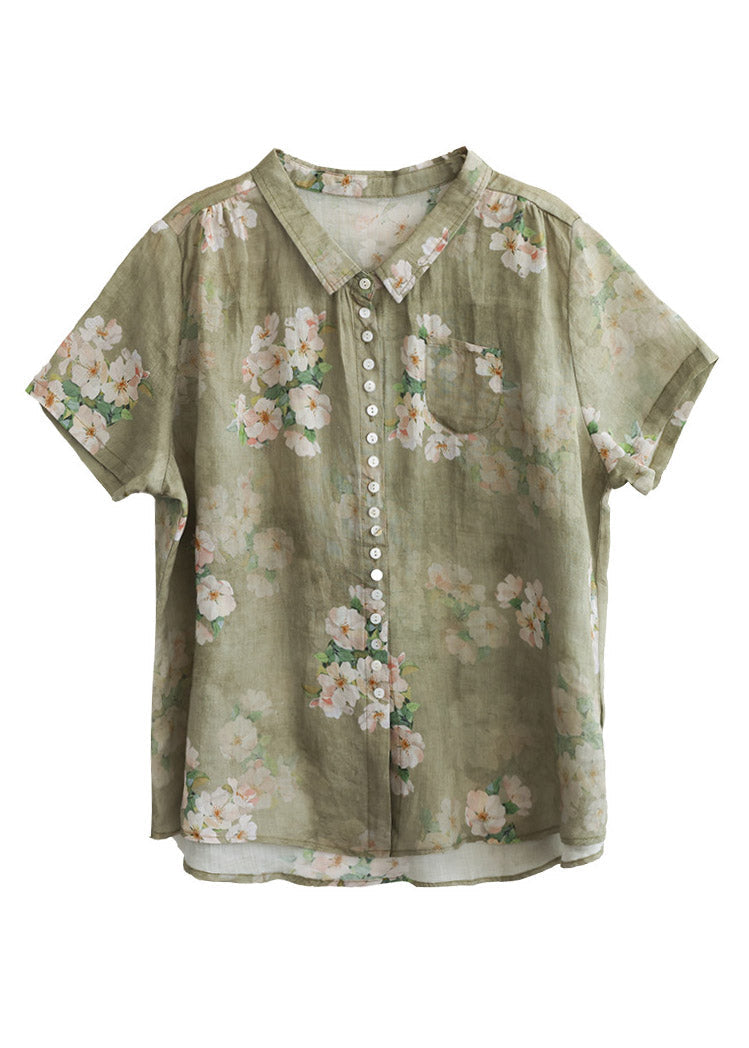 Women Peter Pan Collar Print Button Low High Design Linen Shirts Short Sleeve