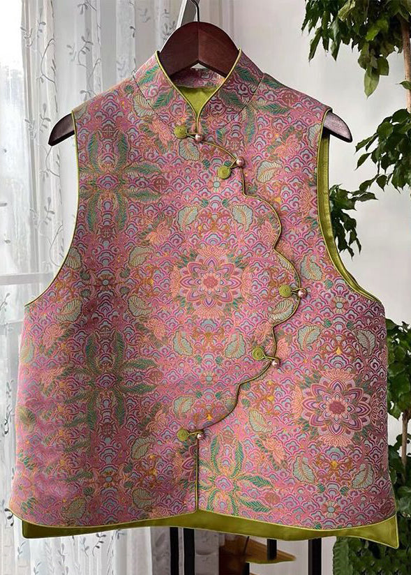 Women Pink Asymmetrical Button Print Cotton Waistcoat Sleeveless