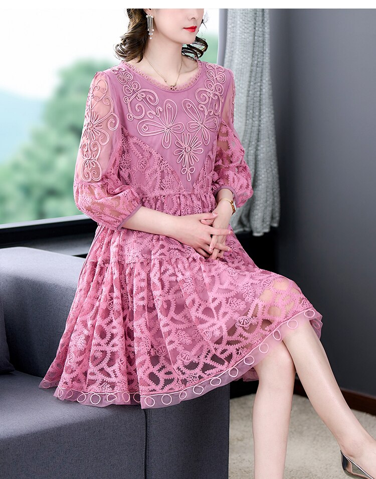 Loose Tight Printed Pink Embroidered Silk Dress
