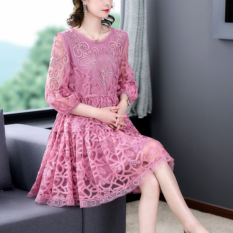 Loose Tight Printed Pink Embroidered Silk Dress
