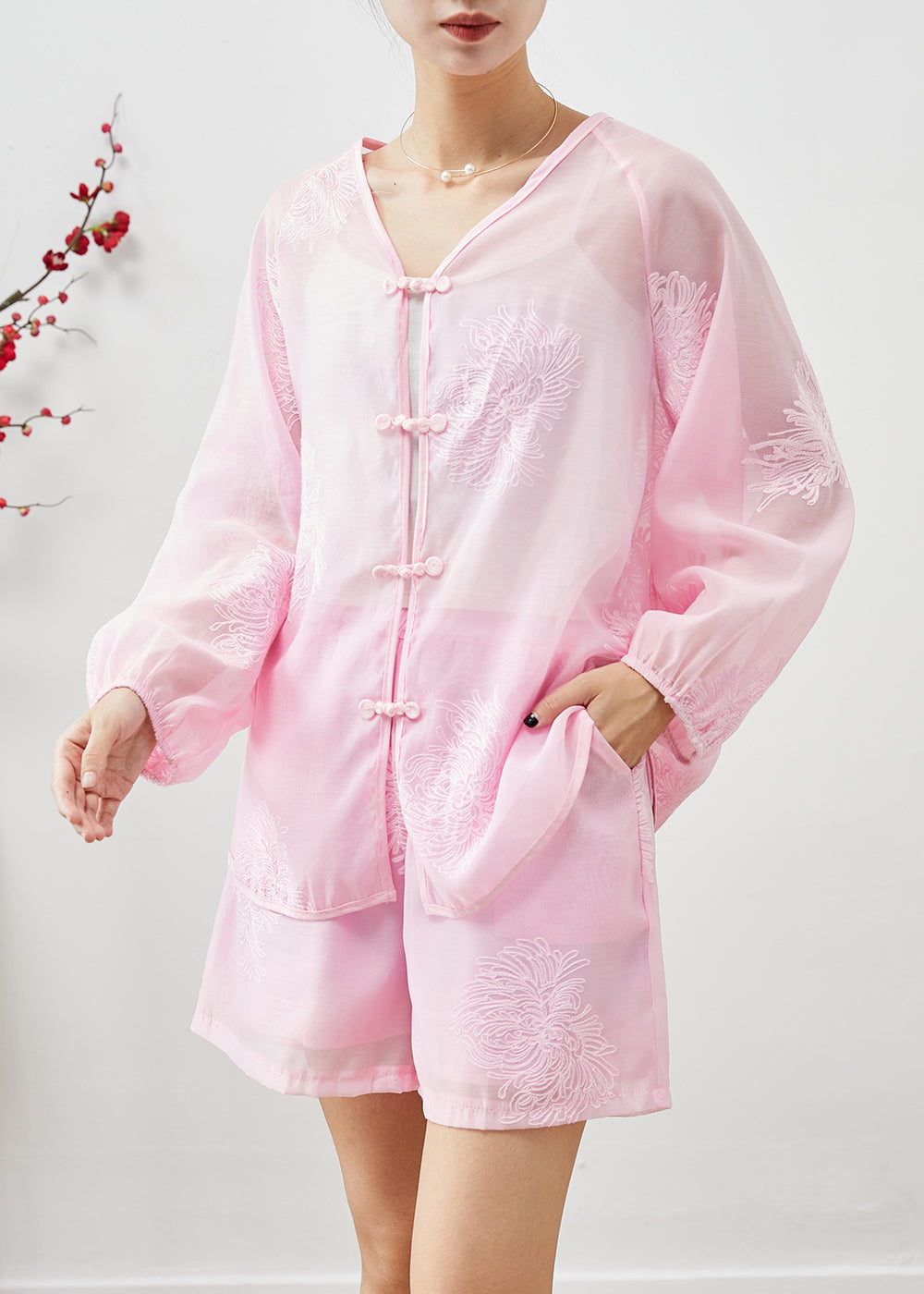 Women Pink Embroideried Chinese Button Linen Silk 2 Piece Outfit Summer