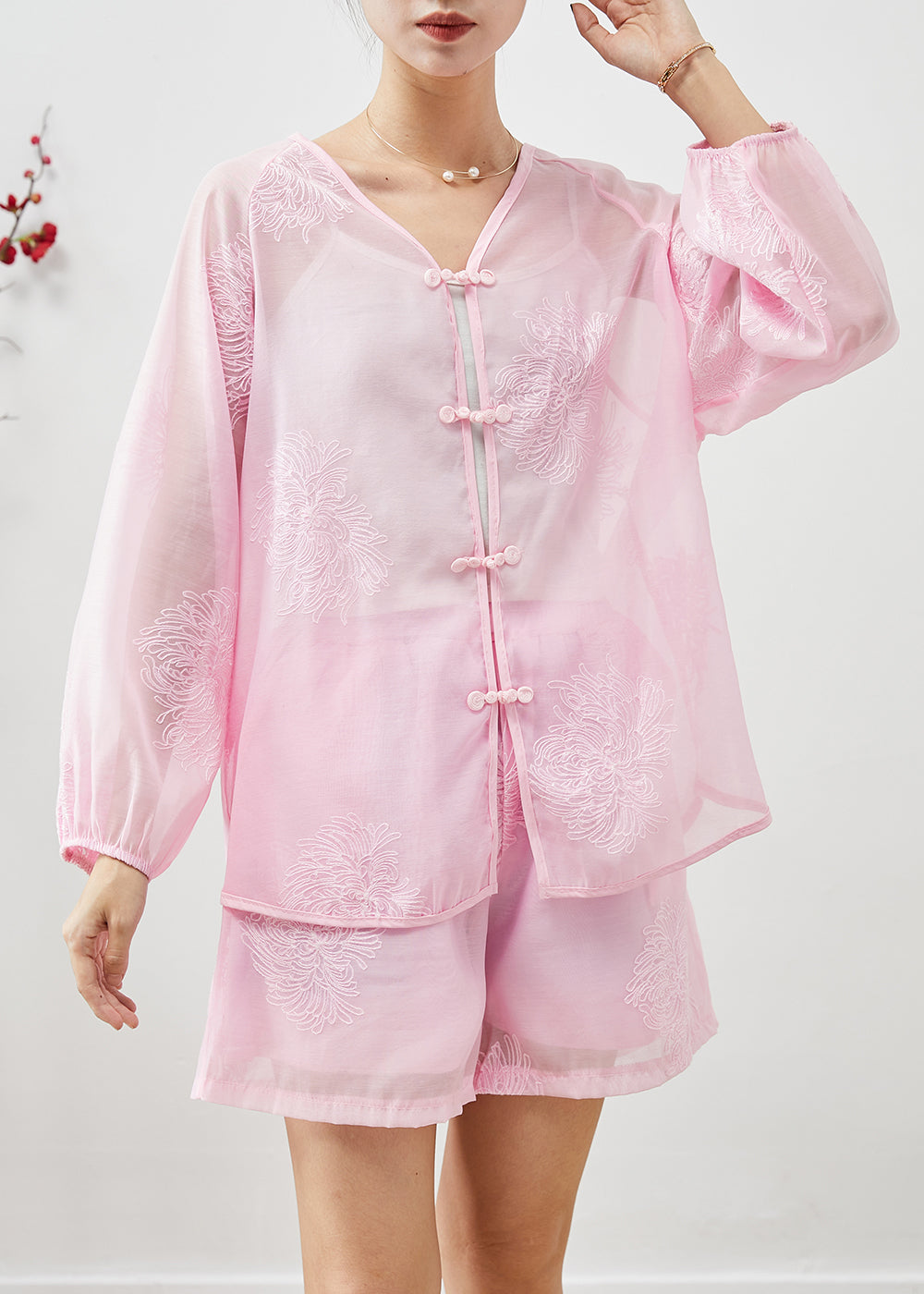 Women Pink Embroideried Chinese Button Linen Silk 2 Piece Outfit Summer