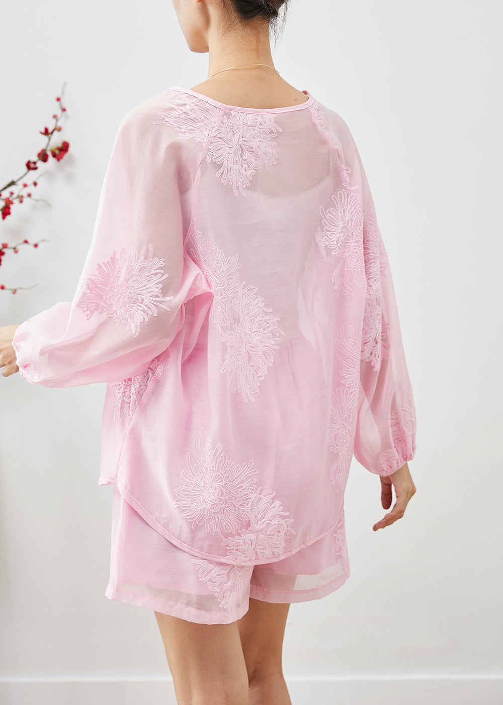 Women Pink Embroideried Chinese Button Linen Silk 2 Piece Outfit Summer