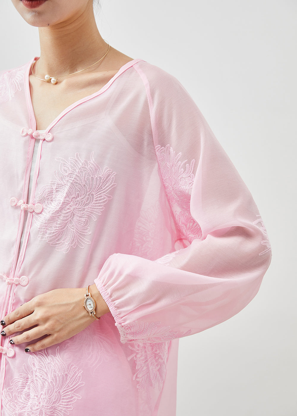 Women Pink Embroideried Chinese Button Linen Silk 2 Piece Outfit Summer