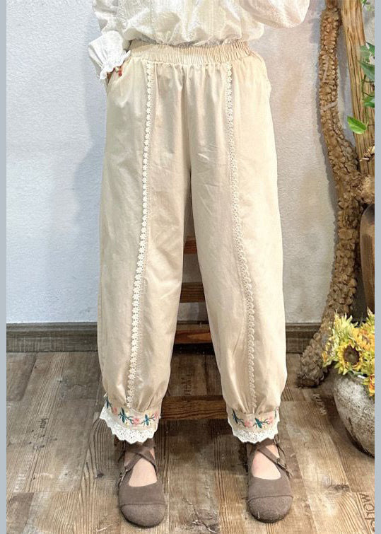 Women Pink Embroideried Pockets Elastic Waist Cotton Crop Pants Spring