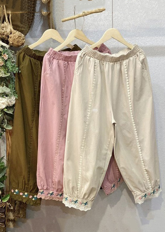 Women Pink Embroideried Pockets Elastic Waist Cotton Crop Pants Spring