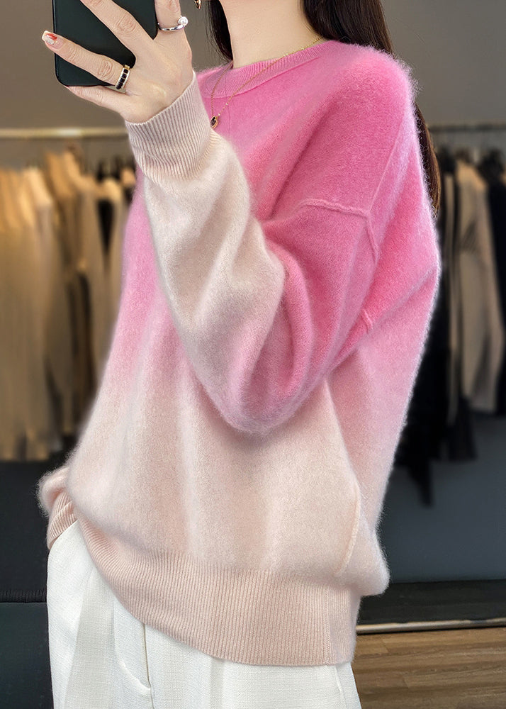 Women Pink Gradient Color O-Neck Cozy Sweaters Long Sleeve