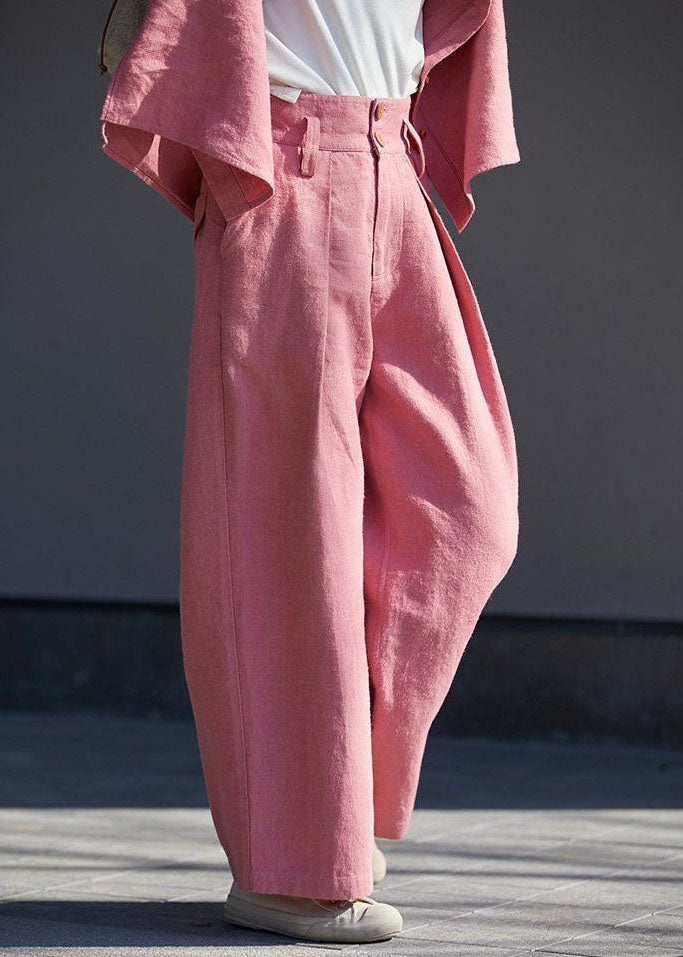 Women Pink High Waist Pockets Linen Straight Pants Spring