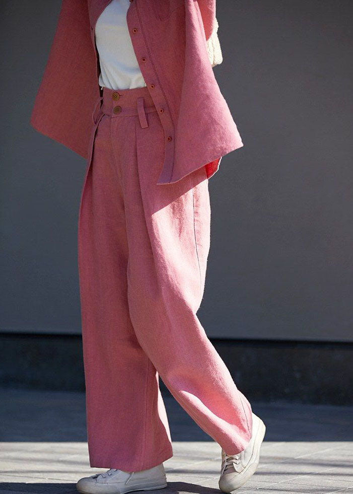 Women Pink High Waist Pockets Linen Straight Pants Spring