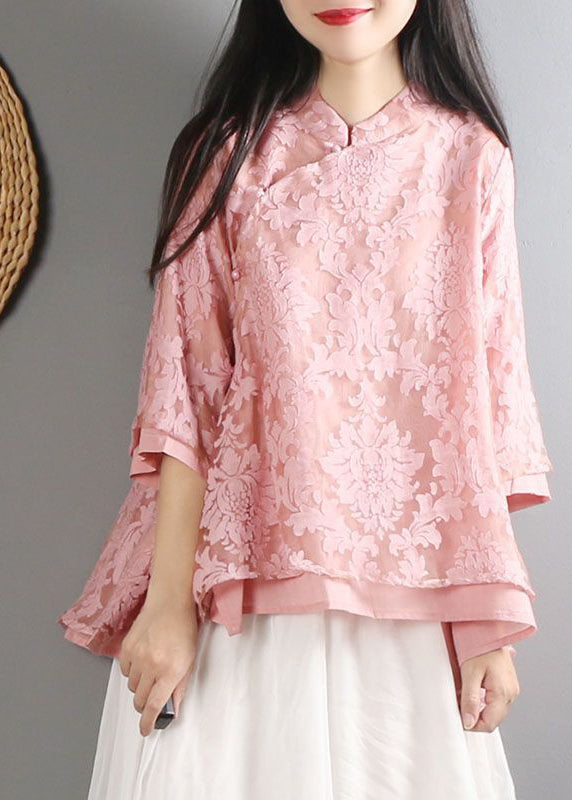 Women Pink Mandarin Collar Cotton Shirt Top Bracelet Sleeve