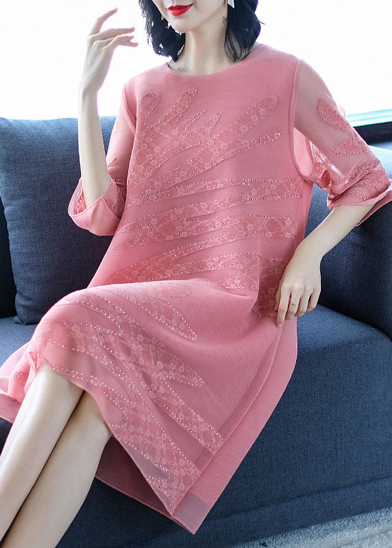Women Pink O-Neck Embroideried Floral Tulle Maxi Dresses Fall
