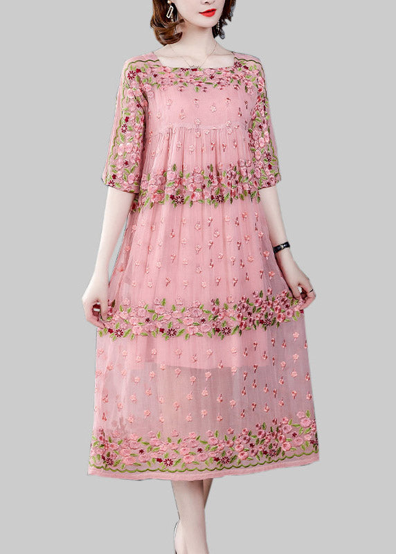 Women Pink O-Neck Embroideried Floral Wrinkled Tulle Dress Half Sleeve