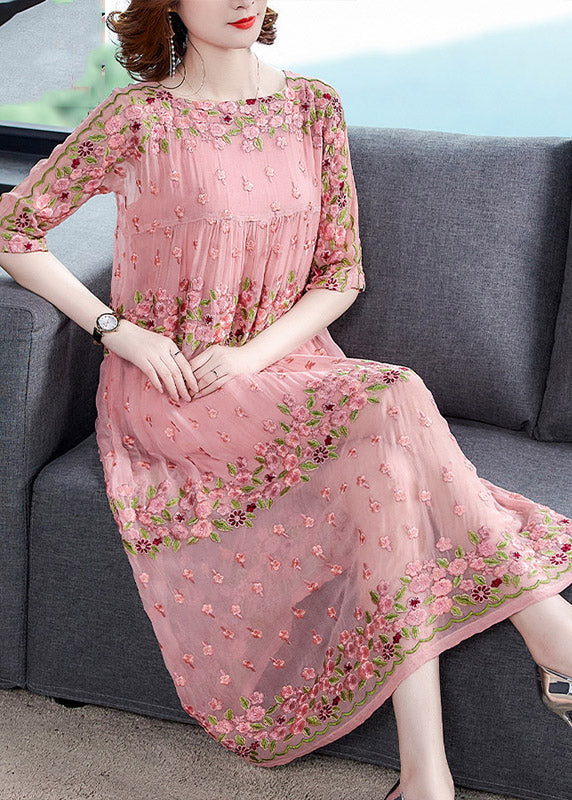 Women Pink O-Neck Embroideried Floral Wrinkled Tulle Dress Half Sleeve