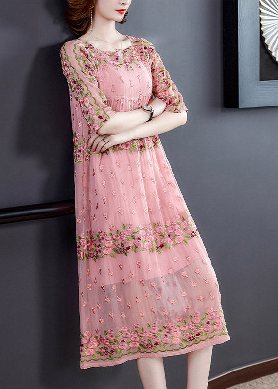 Women Pink O-Neck Embroideried Floral Wrinkled Tulle Dress Half Sleeve